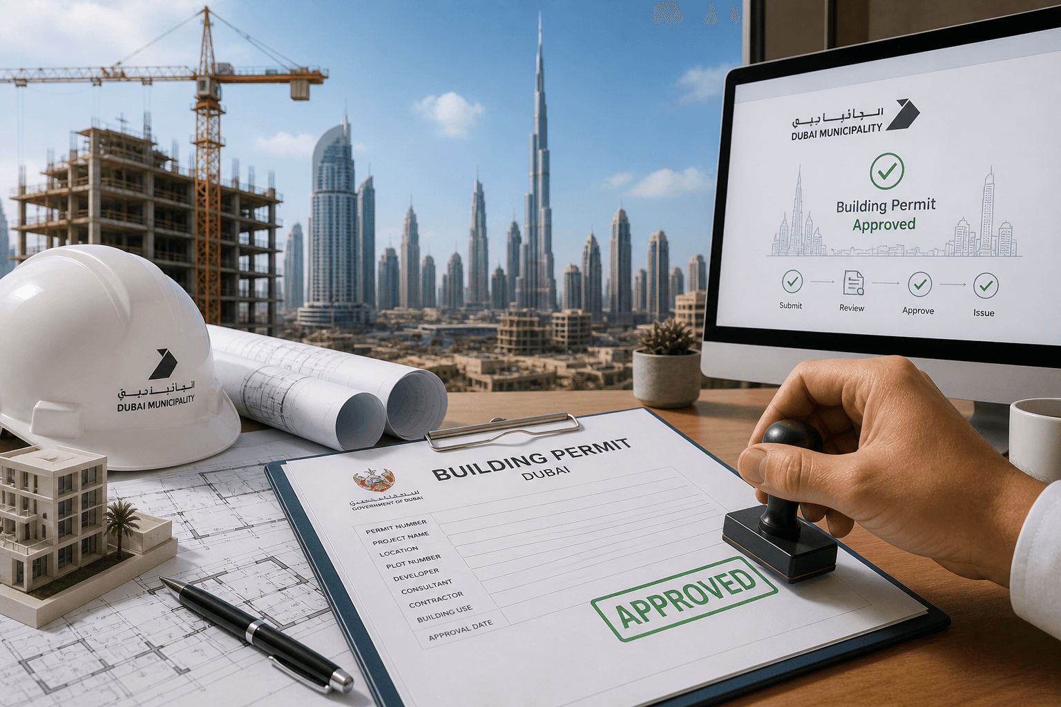 Urban skyline and building forms suggesting approvals context