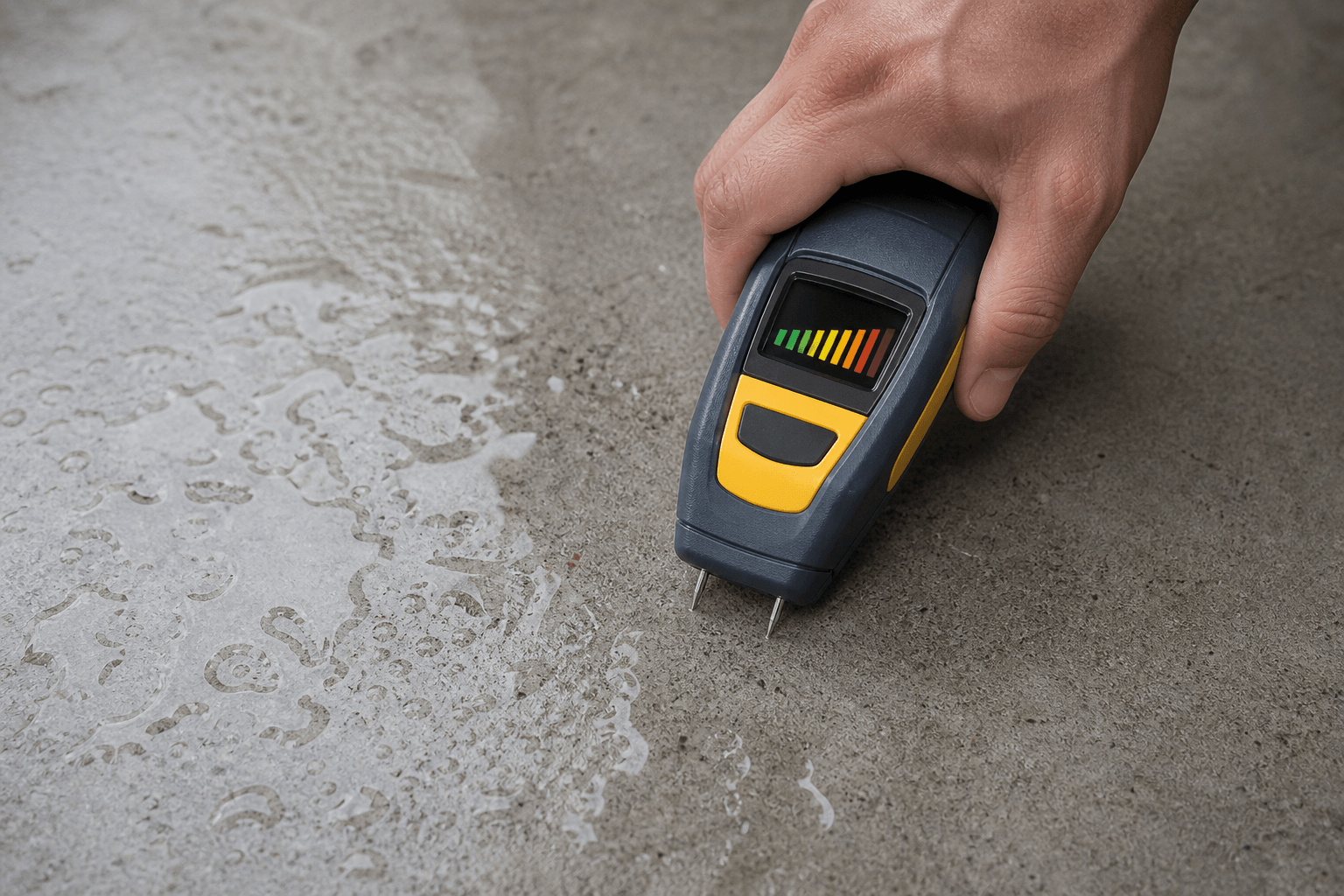 Handheld moisture meter on concrete slab with reading